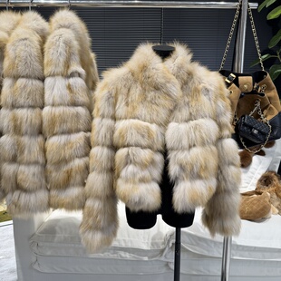 雾光琥珀」芬兰进口saga级狐狸毛皮草外套+竖条皮草马甲