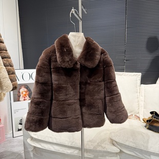 奶糖兔兔 翻领肥肥獭兔夹革外套女冬新款贵气兔毛皮草上衣