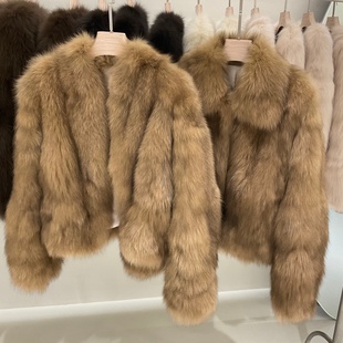 进口蓝狐坎毛晕染霜色V领短款 霜华映月 狐狸毛皮草外套女