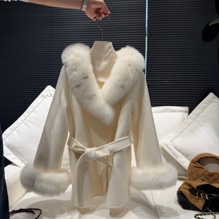 【矜贵小奶豹】袖口狐狸毛100羊毛系带双面尼大衣毛呢外套