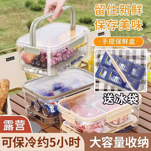 手提便携保鲜盒大容量冰箱瓜果蔬菜保鲜盒户外野餐水果便当盒