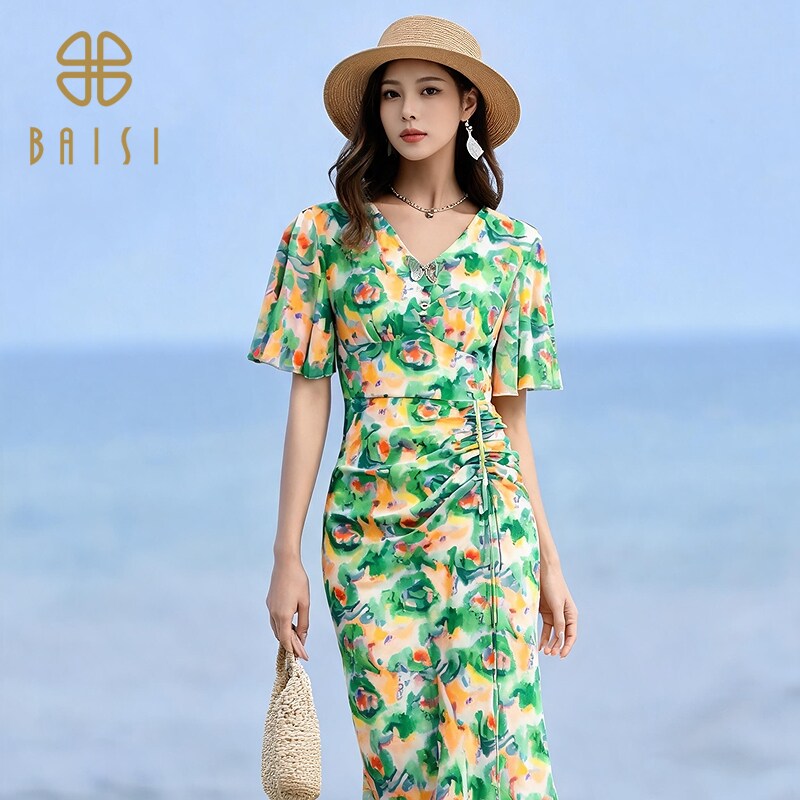 夏季新品百丝印花气质修身时尚中长裙减龄优雅不规则连衣裙女图片