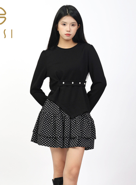 百丝BCVOGA时髦圆领长袖针织衫2024秋季新品不规则设计感上衣女