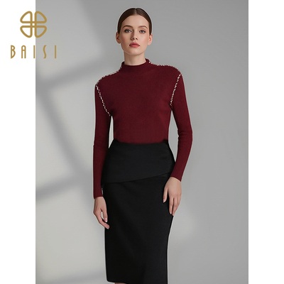2025冬季新品百丝气质柔美半高领长袖上衣内搭可外穿保暖针织衫女