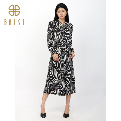 bcvoga百丝时尚黑白抽象长裙2025春夏季新品气质显瘦收腰连衣裙女
