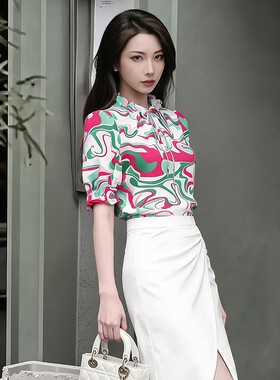 百丝甜欲穿搭花边领系带衬衣夏季新品气质艺术抽象收腰上衣女