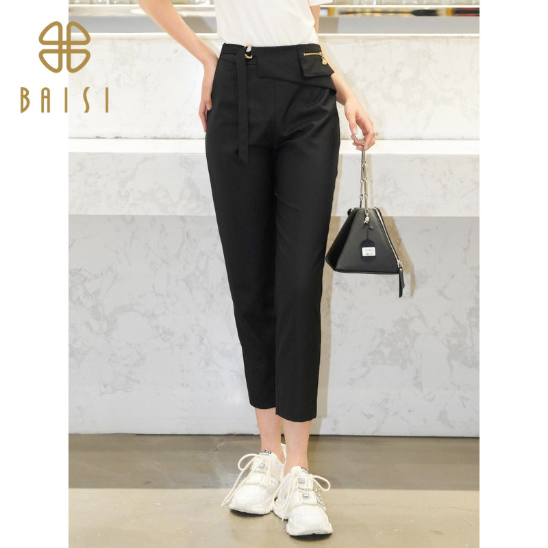 百丝率性姐姐随意感显瘦长裤2024夏季新品通勤穿搭黑色休闲哈伦裤