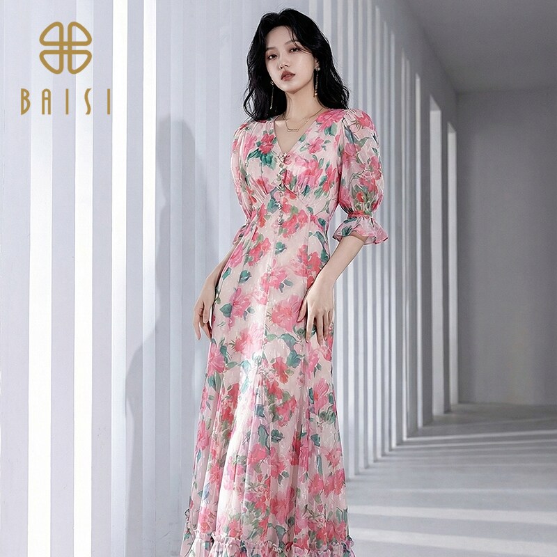 秋季新品百丝V领碎花长裙仙女气质温柔风休闲泡泡袖连衣裙女图片