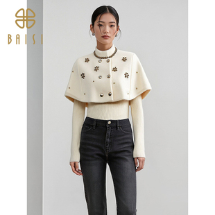 2025冬季新品百丝新年斗篷针织衫双排扣重工钉珠修身长袖上衣女