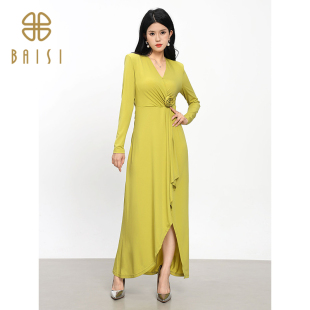 小心机V领褶皱连衣裙女 新品 百丝时尚 不规则收腰开叉长裙2025春季