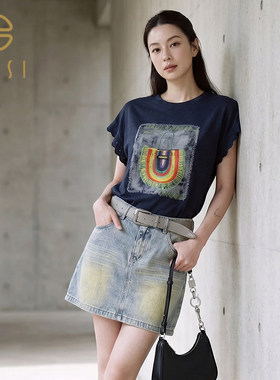 2026夏季新品百丝圆领印花蕾丝花边T恤字母图案百搭短袖上衣女
