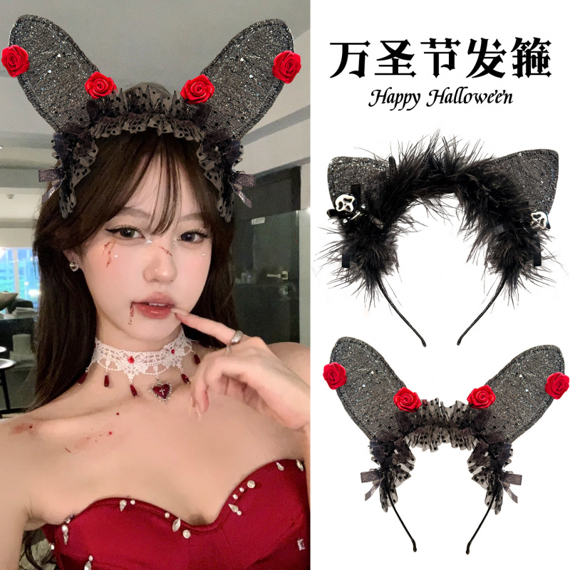 万圣节2025新款兔耳朵发箍女恶魔角头箍拍照道具派对配饰cos头饰