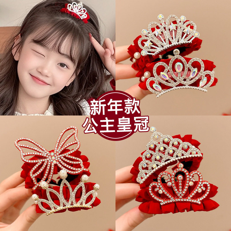 儿童新年皇冠头饰发夹女童丸子头马尾扣发卡红色喜庆女孩过年发饰