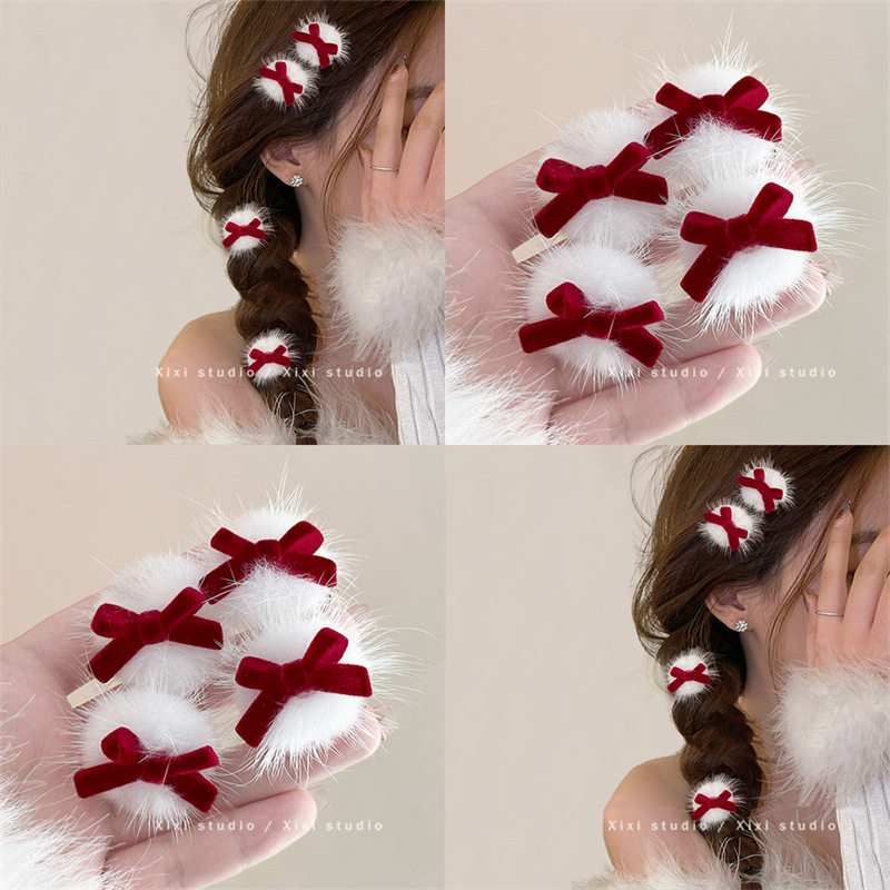 新年红色蝴蝶结毛绒发夹女士秋冬前额碎发植绒刘海夹毛毛球鸭嘴夹