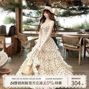 度假温柔波点收腰显瘦时尚 SISI 法式 JIANG 吊带连衣裙 罗马假日