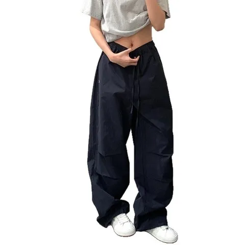 夏季女款阔腿裤藏青色工装裤新款直筒刺绣2025高腰宽松小个子速干