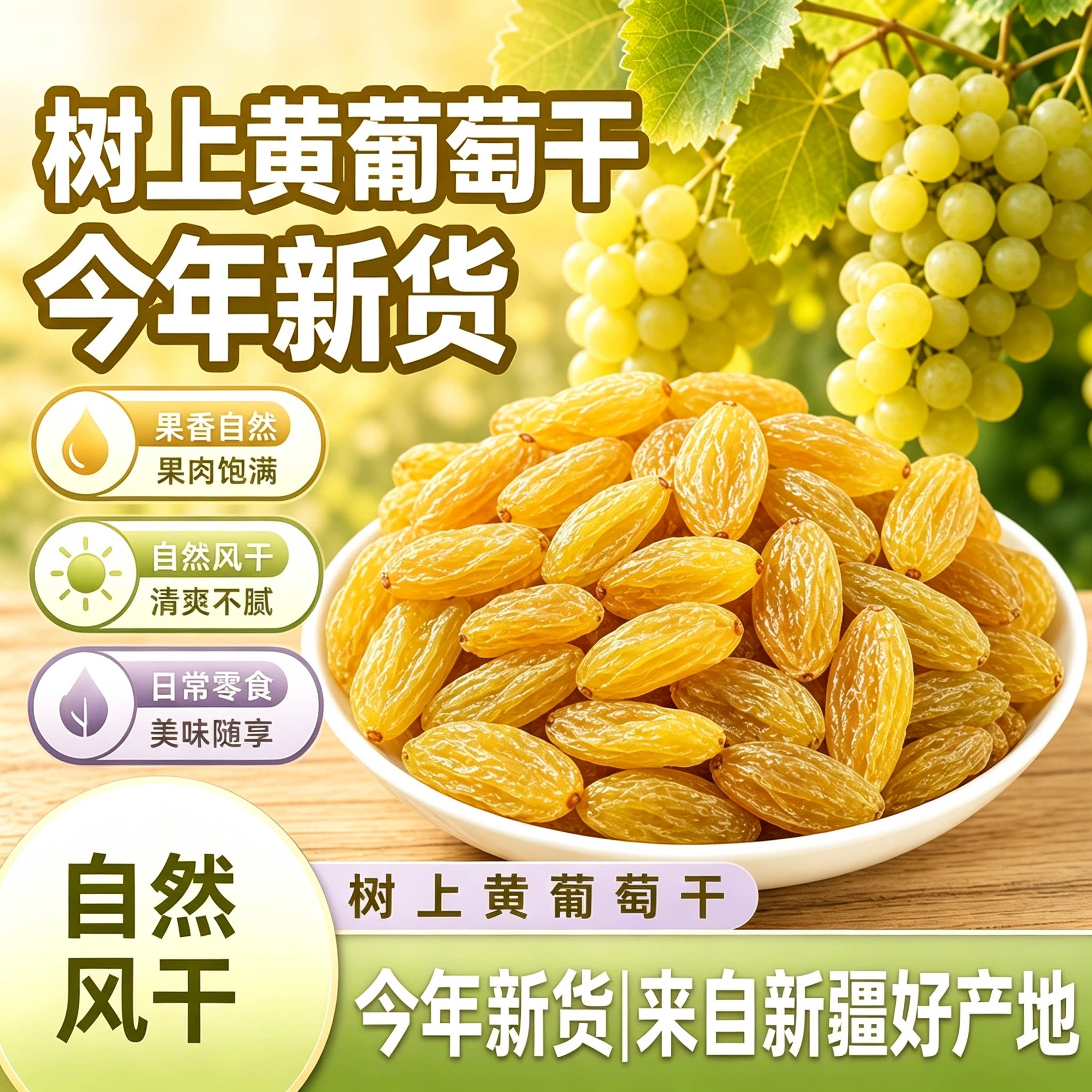 【真便宜】树上黄葡萄干新疆特产无核吐鲁番自然晾晒非蜜饯果干