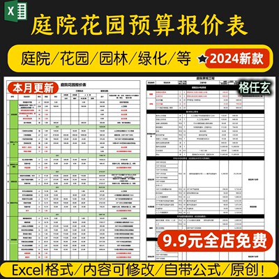 庭院花园景观园林别墅工程报价预算表造价定额精装修清单材料表格