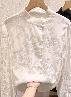 2024新款气质新国风立领印花单排扣长袖雪纺衫女秋季复古薄款衬衫