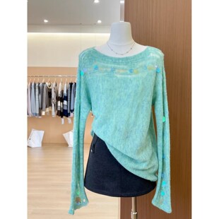 推荐 软糯长袖 氛围感绿色镂空亮片长袖 女春季 上衣 针织衫 自留爆款