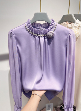 2024新款法式气质纯色立领百褶钉珠立体花朵套头长袖雪纺衫女春秋
