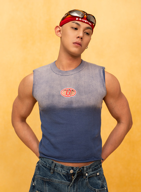 CLP蓝色水洗渐变刺绣镂空无袖短款背心T恤男坎肩修身运动休闲复古