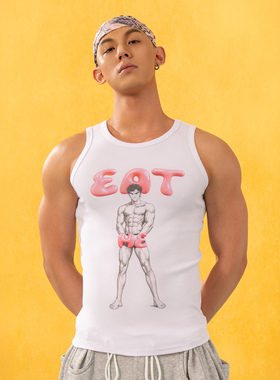 CLP白色原创EatMe漫画印花背心男女修身弹力运动性感健身休闲紧身