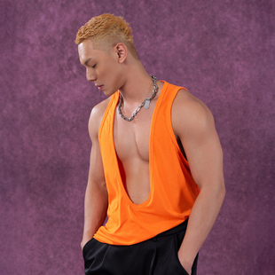 CLP橙黑白色深V超低领背心男宽松弹力运动健身百搭打底潮休闲miu