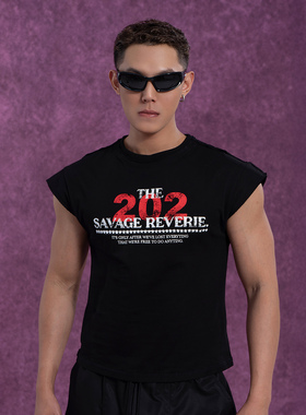 CLP x 202 黑色宽肩印花修身无袖印花背心男短款休闲复古坎肩街头