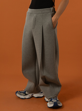 CLP黑灰松紧腰空气层裤褶线运动裤休闲裤卫裤男宽松阔腿直筒弹力