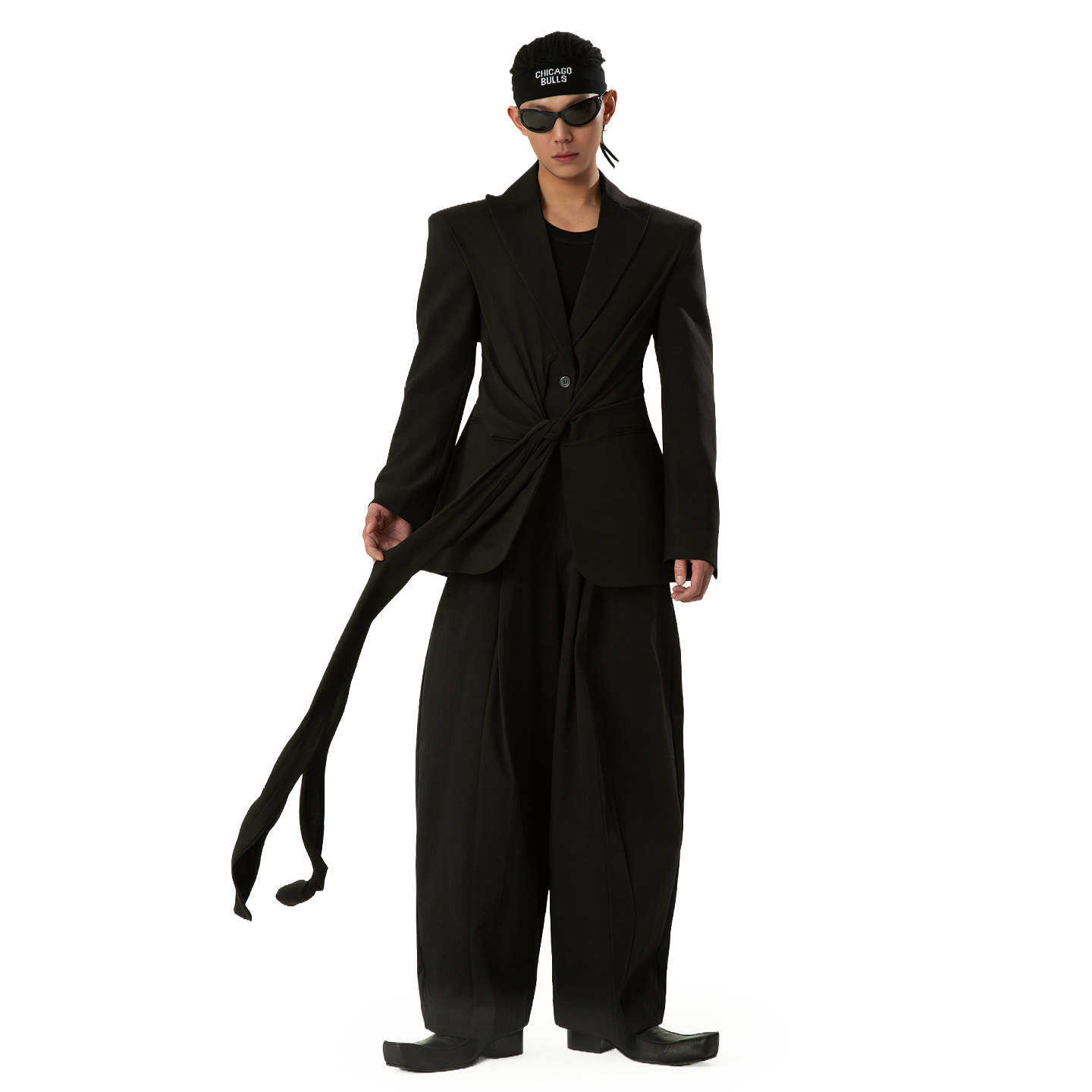 CLP黑色飘带褶皱设计收腰西装外套男女长袖修身解构复古羊毛chic