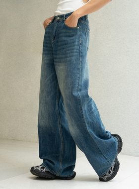 CLP蓝色猫须水洗宽松复古牛仔裤男宽松阔腿直筒休闲潮流褪色痞帅