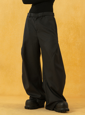 CLP黑色阔腿超长拖地弯刀裤休闲裤西裤男松紧腰宽松直筒潮流复古