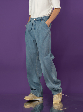 CLP浅色水洗牛仔裤男休闲阔腿工褶设计宽松复古直筒潮牌潮流潮ins