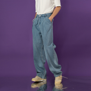 CLP浅色水洗牛仔裤 男休闲阔腿工褶设计宽松复古直筒潮牌潮流潮ins