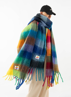 CLP彩虹格子流苏围脖小众冬季仿羊绒披肩复古保暖毛毡围巾披肩潮