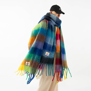 CLP彩虹格子流苏围脖小众冬季 仿羊绒披肩复古保暖毛毡围巾披肩潮