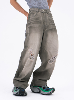 CLP灰色做旧破洞阔腿水洗复古牛仔裤男宽松直筒猫须褶皱休闲长裤