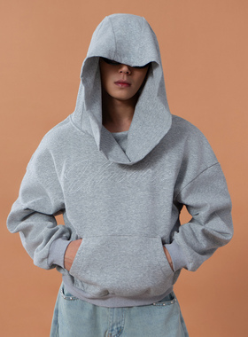 CLP灰蓝色字母印花宽领连帽卫衣男女宽松休闲潮流运动弹力垂感潮