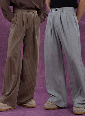CLP灰咖色条纹休闲裤西裤男宽松阔腿直筒垂感复古高级感拖地长裤