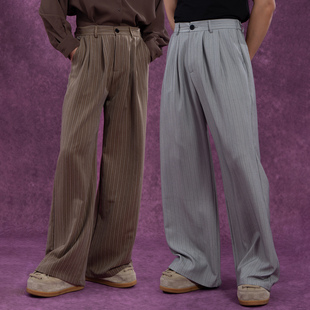 男宽松阔腿直筒垂感复古高级感拖地长裤 CLP灰咖色条纹休闲裤 西裤