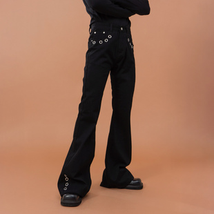 直筒休闲酷飒拖地长裤 男喇叭裤 ins 牛仔裤 CLP黑色金属圆环设计修身