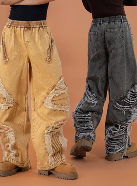 CLP黑黄撕裂破洞做旧复古牛仔裤男宽松阔腿弯刀裤机能废土风Y2K