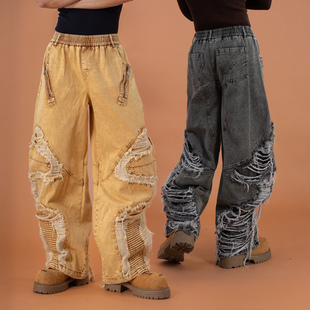 CLP黑黄撕裂破洞做旧复古牛仔裤 机能废土风Y2K 男宽松阔腿弯刀裤