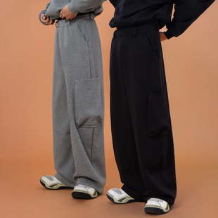 松紧腰加绒加厚 宽松阔腿直筒卫裤 CLP黑灰多口袋运动裤 男休闲裤