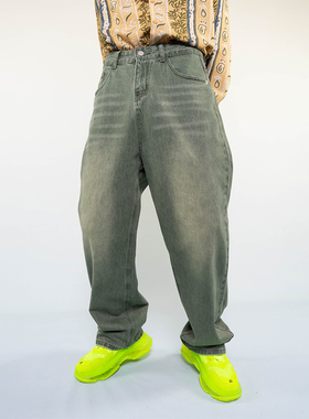 CLP绿色复古牛仔裤男宽松直筒阔腿猫须水洗潮流日系休闲百搭潮ins