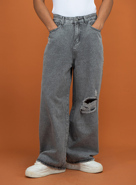 CLP灰色破洞复古水洗休闲牛仔裤男宽松直筒阔腿刮烂街头垂感潮流