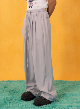 CLP浅灰紫色冰丝松紧腰抽绳休闲裤西裤宽松阔腿直筒垂感弹力长裤