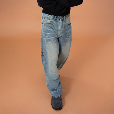 CLP蓝色折痕印花男宽松牛仔裤