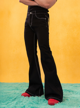 CLP黑色修身大喇叭牛仔裤休闲裤男系带显高显腿长潮流休闲复古miu